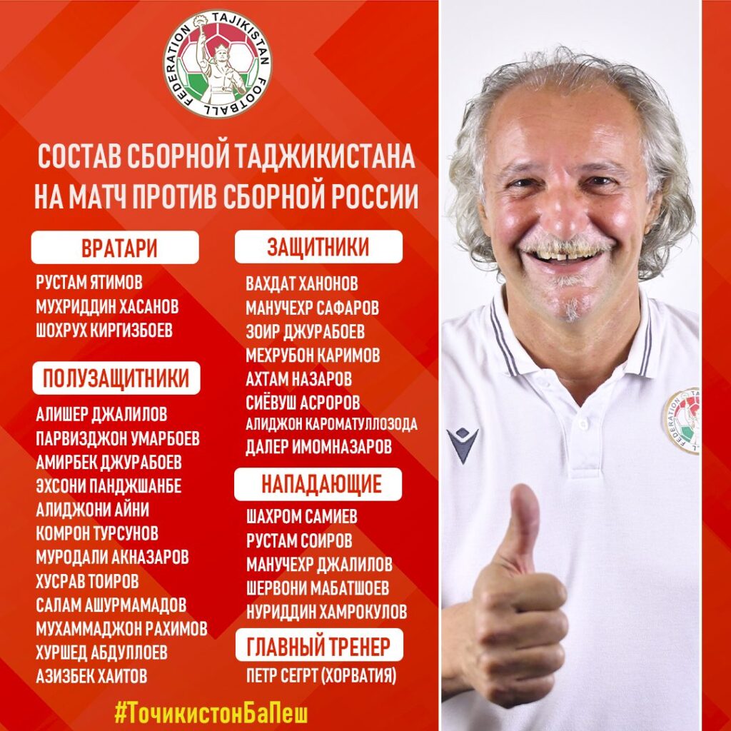Стала известна заявка сборной Таджикистана на матч против России